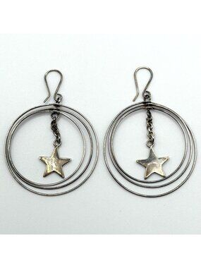 Sterling Silver 925 Star Dangle Hoop Earrings With Triple Circle Design